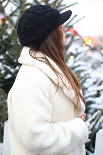 Comhats Winter Newsboy Hats For Women With Brim Knit Visor Caps Wool Bill Ladies Bill Beret Silk Warm Black #TOP2