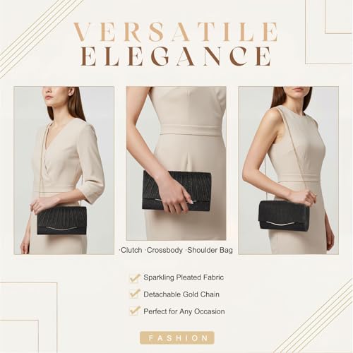 Image of Clutch Purses for Women Evening Bag Formal Dressy | Crossbody Bag with Metal Chain, Stylish Clutch, Pleated Style, Polyester, for Wedding, Prom, Cocktail Party