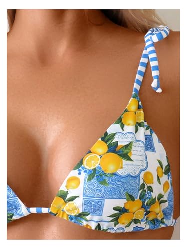 Women's Lemon Triangle String Bikini Two Piece High Cut Thong Halter Swimsuits Striped Bathing Suits4