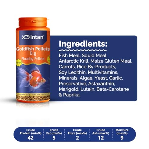 Image of Intan Goldfish Pellets Fish Food | Big Floating Pellets for Fish | Daily Nutrition Fish Feed for Health & Growth | Large Pack 145 Gm Each, Pellet Size - 2.5 mm Dia, Pack of 2,All Life Stages