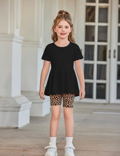 Image of Arshiner Girls Summer Outfits Short Sleeve Ruffle Hem Top and Biker Shorts Set Girl Clothes 4-15 Years
