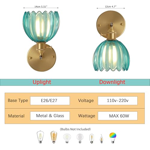 Image of Vintage Wall Sconces with Gold Finish, Adjustable Arm, Ribbed Glass Shadewall Light fixtures Wall Lights for Bedroom, Living Room, Hallway, or Bathroom (Blue)
