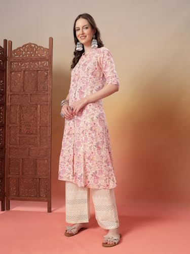 Image of Stylum Women's Pink Floral Printed Rayon A-Line Kurta