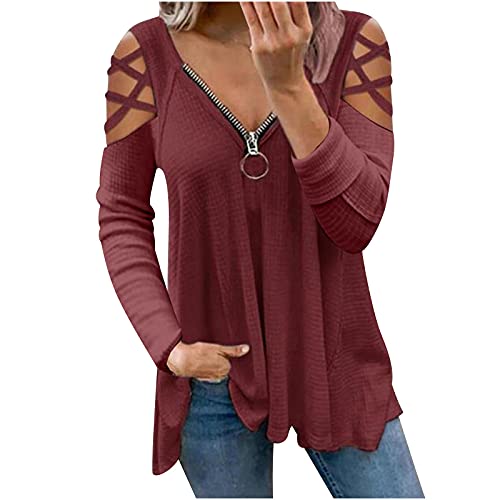 5665 Womens Tops Casual Blouse Cross Criss Long Sleeve Quarter Zip Up Elegant Tunic Tops Solid Color Fit Flare Tees Tunics Wine, X-Large