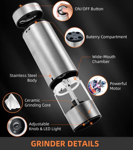 Electric Salt And Pepper Grinder Set Battery Operated, Automatic Refillable Stainless Steel Salt Grinder, 70Ml Pepper Container, One Hand Operation, Led Light, Adjustable Coarseness, 2 Pack #TOP3