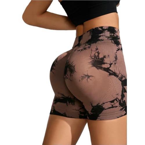 DCEHGEW Women Stretch Gym Cycling Running Yoga Shorts Breathable High Waist Compression Workout Athletic Shorts-Brown-XL