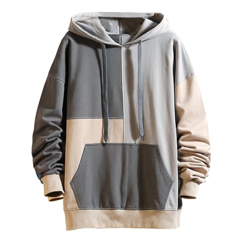 Zifipeoed Hoodie Herren Farbblock Kapuzenpullover Hip Hop Hoodies Sweatshirt Harajuku Streetwear Pullover Grau 5XL