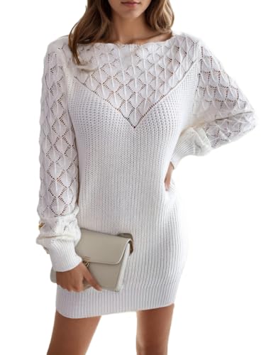 Hollow Sweater Dresses for Women 2025 Off The Shoulder Solid Pullover Knitted Mini Dresses Fall Winter Dress