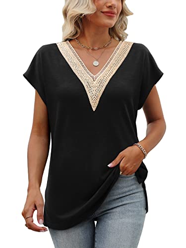 Womens Cap Sleeve Summer Tops 2025 Trendy Tank Tops Lace V Neck Loose Fit Shirts3