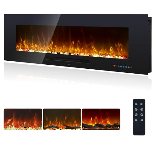 Oxhark Flame Elektrokamin Wandmontage, 13 Farbmodi LED flammeneffekt, Timer - Funktion, 127 cm Kamin Heizung Glas-Touchscreen und Fernbedienung,1500W(50')