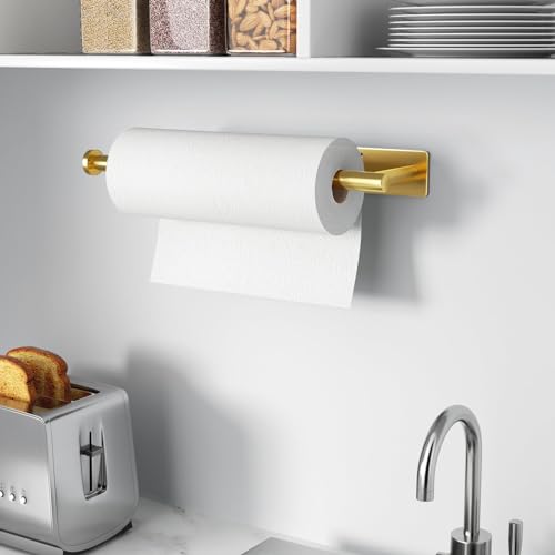 Image of Paper Towel Holder - Self-Adhesive or Drilling, Gold, Wall Mounted, SUS304 Stainless Steel Kitchen Roll Dispenser Under Cabinet