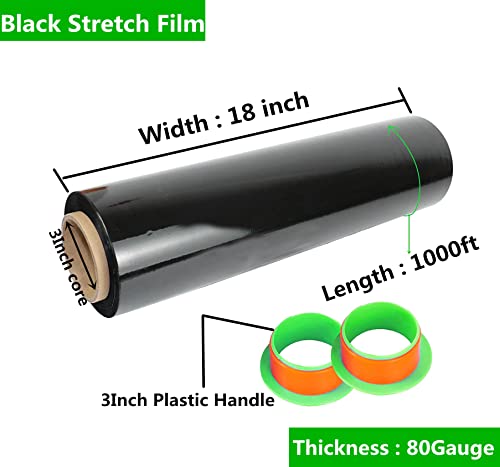 Image of 4 Pack Black Stretch Wrap 18 inch x 1000 Feet 80 Gauge Industrial Strength with Plastic Handle, Plastic Pallet Supplies Durable Self-Adhering for Packing, Moving, Heavy Duty Shrink Film Rolls