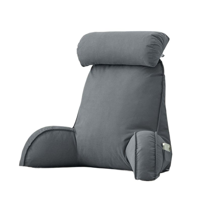 Reading Pillow with Detachable Headrest & Side Pocket - Bed Chair Pillow with Arms for Lumbar/Neck Support, Ergonomic Cushion for Sitting Up in Bed, Sofa, Office (75×40×50cm) (Grey)