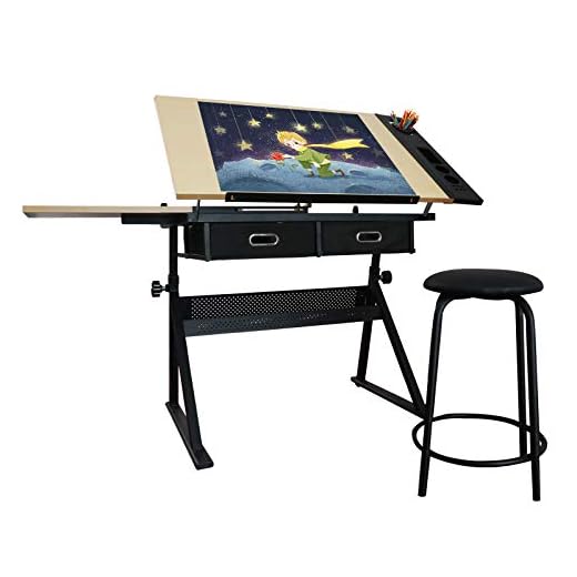 MIADOMODO Mesa de Dibujo Reclinable - con Taburete, Doble Superficie de Trabajo, 2 Cajones y Espacio Adicional - Cajon de Almacenamiento, para Arte, Arquitectos y Técnicos, Mueble Casa Oficina