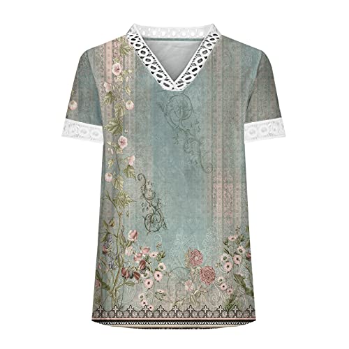 Women Plus Size Tee Shirts Relaxed Fit Short Sleeve Print Ringer Tshirt Lace Trim V Neck 2023 Summer Beach Tunic Tops #TOP3