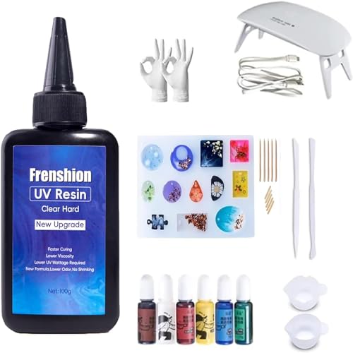 Frenshion Mini lámpara, fórmula actualizada 100g resina ultravioleta dura de baja viscosidad + pigmento de color + herramienta de fabricación de joyas de proceso bricolaje