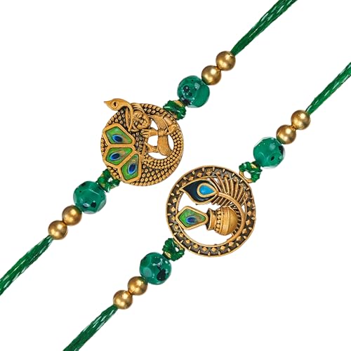Image of eCraftIndia Krishna Playing Flute Dahi Handi Flute Mor Pankh Rakhi Set of 2 | Rakhi for Brother Bhaiya Bhai with Best Bro Ever Fridge Magnet | Roli Chawal Pack