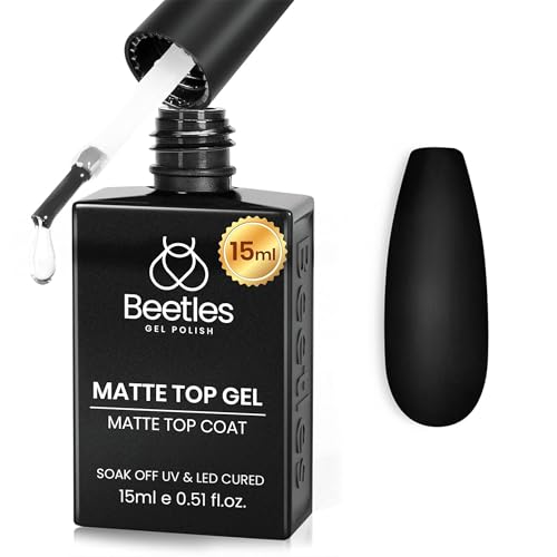 Beetles 15 ml Matte Gel Top Coat, Chrome Proof Matte Top Coat Gel Nail Polish No Wipe Low‑Odor Compatible with UV/LED Lamps Long Lasting 21 Days+ Finish Diy at Home