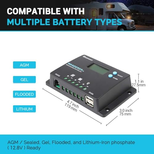 Renogy 10A 12V/24V PWM Postive Ground Solar Charge Controller Regulator Compact Design w/ LCD Display for Deep Cycle Sealed, Gel, and Flooded Battery