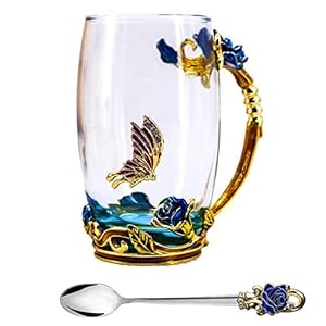 Tea Cup, Mother’s Day Gifts, Coffee Mug, Clear Glass Cups with Spoon Set, Handmade Butterfly, Unique Rose Flower Enamel…