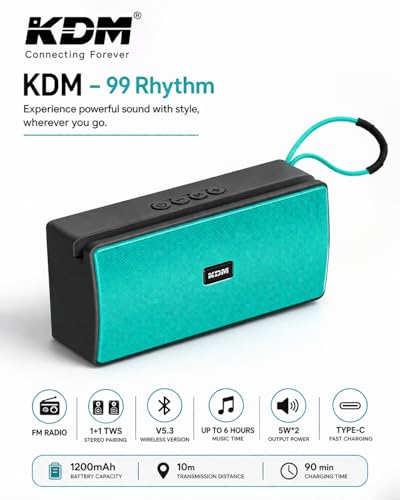 Image of KDM 99 Rhythm Portable Bluetooth Speaker with Mobile Stand, 10W (5Wx2) Super Bass, TWS Pairing, FM Radio, Hanging Strap, 6H Playtime, Type-C Charging,Green