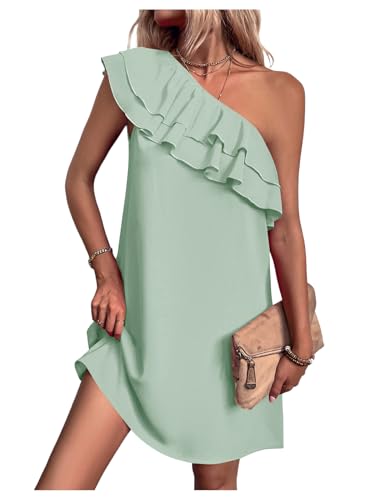 Floerns Women's One Shoulder Tiered Layered Sleeveless Ruffle Trim Tunic Dress