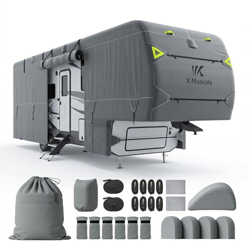 K-Musculo 5th Wheel RV Cover 33-37FT, 7 Layer Top Heavy Duty 5th Wheel Camper Cover, Extra-Thick Waterproof Windproof Anti-UV Rip-Stop Camper Cover, 6 Gutter Covers & 4 Tire Covers