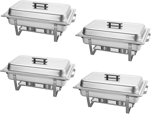 AFLEPCBRQ 4er-Pack rechteckiger Chafing Dish aus Edelstahl, 8QT Chafer Dish und Buffetwärmer-Set, Tablett mit faltbarem Rahmen, Wasserpfanne, Lebensmittelpfanne, Brennstoffhalter und Deckel (Silber)