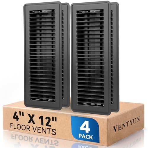 VENTYUN 4 x 12 Floor Register Vent Covers 4-Pack Walkable Powder-Coated Metal Vent Covers with Adjustable Airflow Curved Safe Edges for Floor/Wall Black
