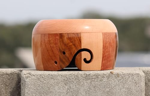 Image of Wooden Yarn Storage Bowl With Carved Holes & Drills, Wooden Knitting Yarn Bowl Handcrafted, Wooden Yarn Storage Bowl Yarn Holder Best Gift Idea for Knitters (Large)