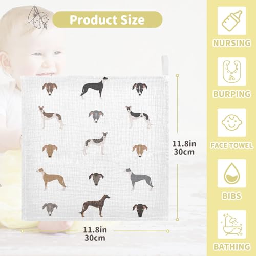 Image of vvfelixl Baby Muslin Washcloths English Greyhound Dogs Baby Burp Cloths Cotton Baby Face Towel for Newborn Infants Boys Girls Soft and Absorbent 11.8 X 11.8 in, 3 Pack