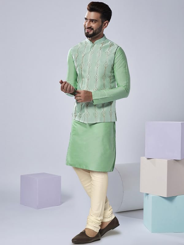 Image of KISAH Men's Kurta Jacket Churidar Set, Sea Green Art Silk, Embellished Regular Fit Long Sleeves Mandarin Collar (S)