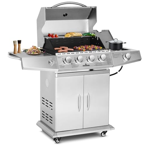 Polar Aurora Propane Gas Grill 4 Burners with Side Burner, Stainless Steel Grill Cart with Wheels for Outdoor Patio Garden Backyard Cooking bbq Grill