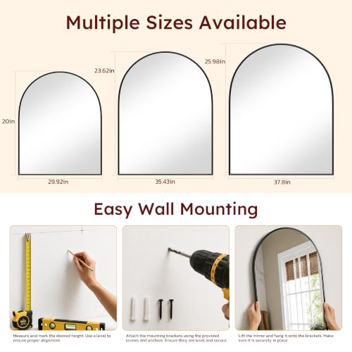 Image of 20 inchx30 inch Arched Black Bathroom Mirror - Metal Framed with HD Shatter-Proof Glass, Wall-Mounted for Over Sink, Entryway, Living Room, Bedroom