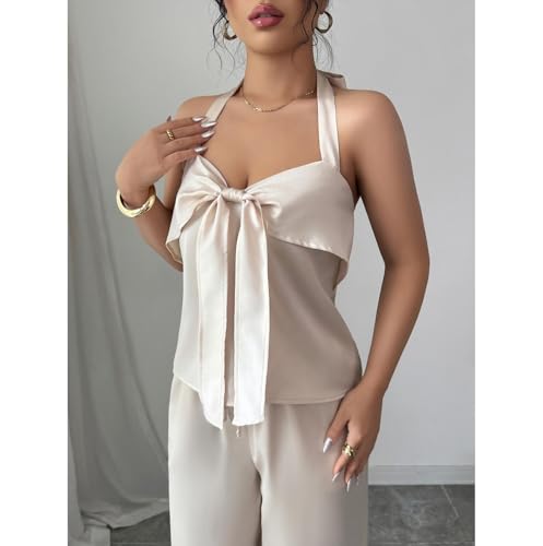 watersouprty Women's Sexy Two Piece Outfit Summer Sleeveless Halter Vest Wide Leg Pants Set3