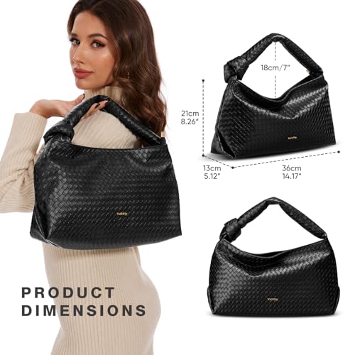 Image of Vulkitty Hobo Bags For Women, Woven Leather Shoulder Purse Fashion Designer Ladies Top-Handle Handbag Black