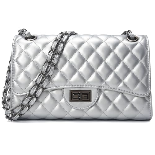 Image of Quilted Leather Crossbody Bags for Women Trendy Ladies Shoulder Purse Satchel HandBag with Chain Strap