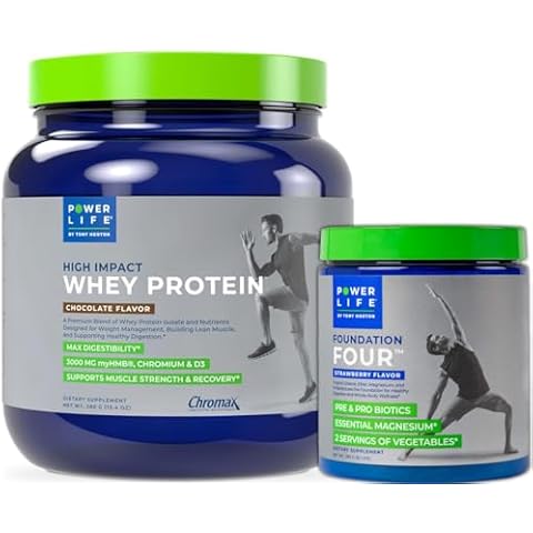 POWERLIFE Tony Horton High Impact Grass Fed Whey Protein with 3000 MG of HMB (Chocolate - New Formula) + Foundation Four Greens Drink with Pre & Pro Biotics, Essential Magnesium (Strawberry) Cover