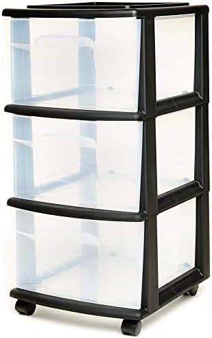 Homz Plastic 3 Clear Drawer Medium Home Organization Storage Container with 3 Large Drawers w/Removeable Wheels, Black Frame