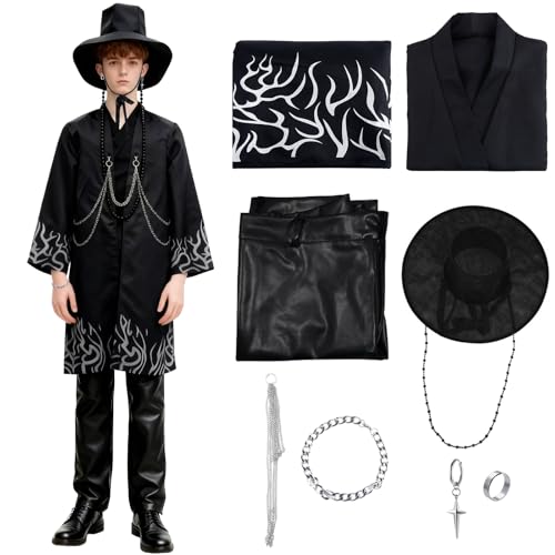 Kitimi Jinu Costume Setfor Kid Teen Anime Movie Pop Black Demon Costume with Hat Chains Jewelry Saja Boys Costume Cosplay Outfits for Carnival Christmas Party Stage Dress-Up
