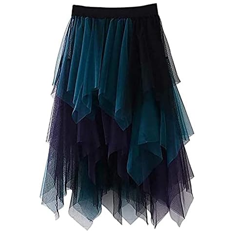 Acrawnni Women's Tulle Skirt Elastic High Waist Tiered Layered Mesh Ballet Prom Party Tulle Tutu A-line Midi Skirt (Green Blue, ONE Size) Cover