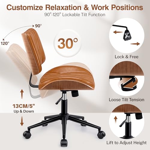 Image of Ergonomic Armless Office Desk Chair - Mid-Century Retro Orange Faux Leather with Diamond Stitch, Adjustable Height Swivel Rolling Task Computer Chair with Walnut Accent for Home Office, Study & Work