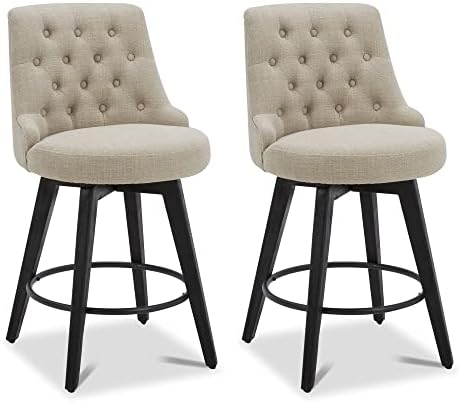 Watson & Whitely Modern Swivel Bar Stools, Performance Fabric Upholstered Counter Height Bar Stool with Back, Solid Wood Legs, 26″ H Seat, Set of 2, Tan Watson & Whitely Modern Swivel Bar Stools, Performance Fabric Upholstered Counter Height Bar Stool with Back, Solid Wood Legs, 26″ H Seat, Set of 2, Tan