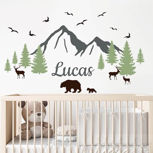 Custom Name Mountains Wall Decal Nursery Boho Theme Wall Sticker Wall Art Bear Trees Wall Decor Kids Wall Removable Vinyl