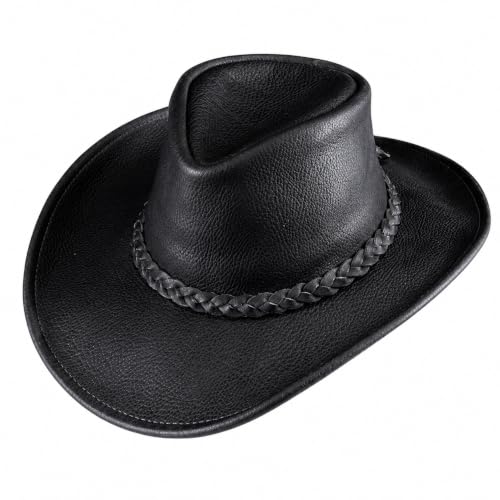 Henschel Walker, Full Grain Leather, Shapeable Brim, Braided Band, Black, Large