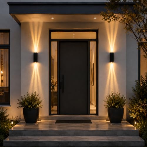Image of Bofea-Outdoor Waterproof Wall Sconce Black Aluminum Construction with Dual Up /Down LED Lights Black Wall Sconces Outside Wall Lights Ideal for Patio, Garden and Porch Lighting(Three Beams Up And Down)