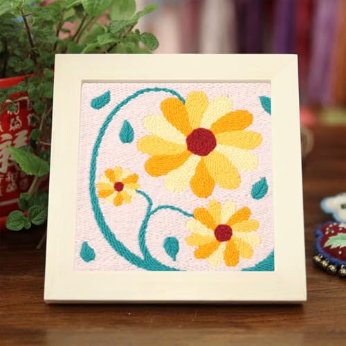 Image of Allazone Punch Needle Embroidery Kit - Square Frame with Flower Pattern, Hoop, Yarns, Beige and Yellow