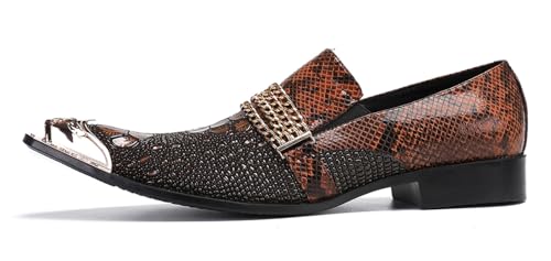 Santimon Men's Dress Loafers, Leather Slip-On Gold Chain Sparkling Shoes for Men -Party Disco Wedding Metallic Tip Smoking Slippers2