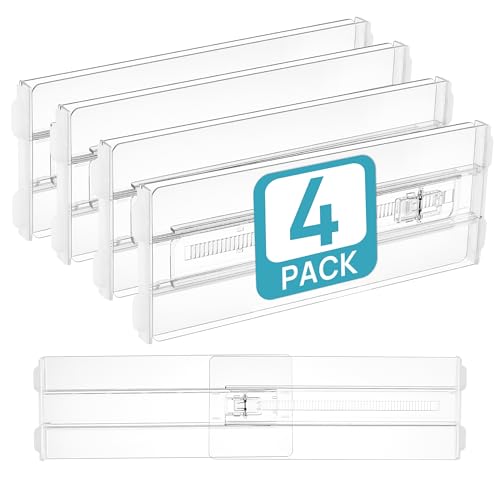 Image of Vtopmart 4 Pack Drawer Dividers for Clothes, 4" High 10.2"-16.5" Adjustable Expandable Dresser Drawer Organizer, Clear Plastic Separators for Dresser, Baby Clothing, Underwear, Cosmetic, Toiletries