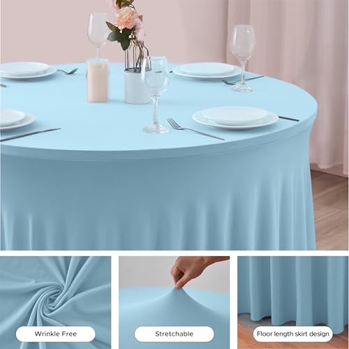 Image of 60 Inch Spandex Round Table Skirts ,Fitted Stretch Tablecloths for Round 5 ft Table, Wrinkle-Free Ruffle Design Tablecloths for Baby Shower, Banquets,Trade Shows, Parties, Events, Baby Blue,6 Pcs